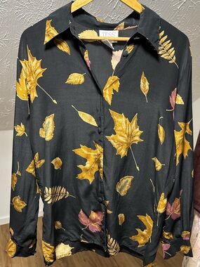 Vintage Tess silk button down with leaf motif, medium